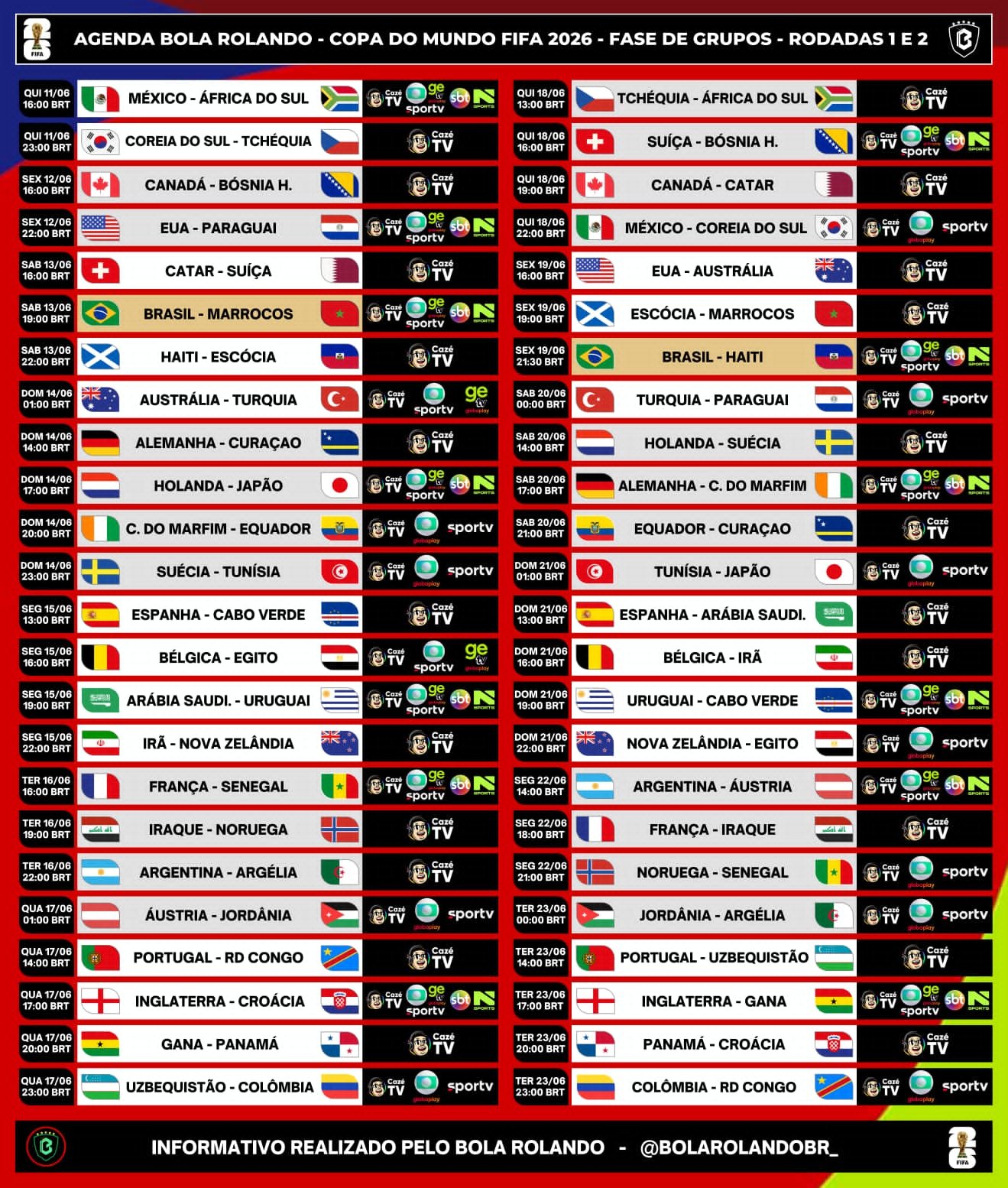 Agenda da Copa 2026 - Fase de grupos - Rodadas 1 e 2
