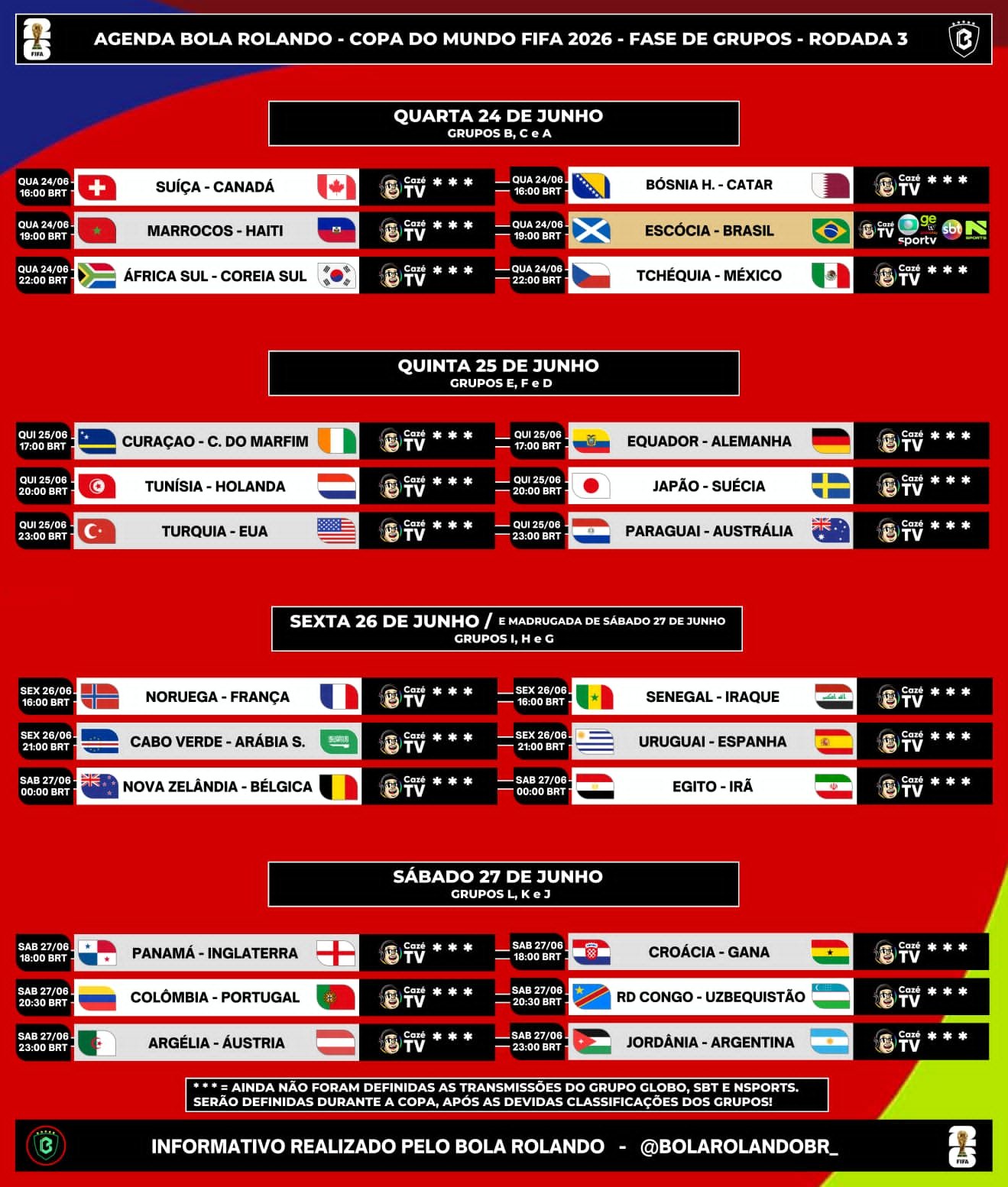Agenda da Copa 2026 - Fase de grupos - Rodada 3